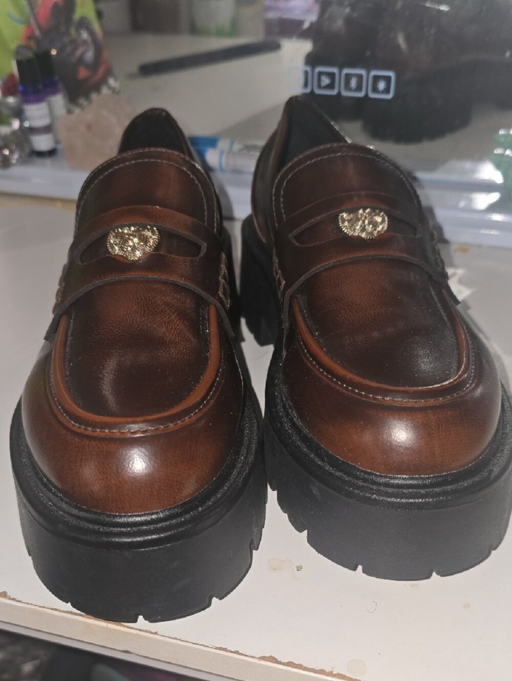 Madden Girl Calistaa Platform Lug Sole Women’s Penny Loafers US 8.5 Brown Rub - Picture 7 of 8
